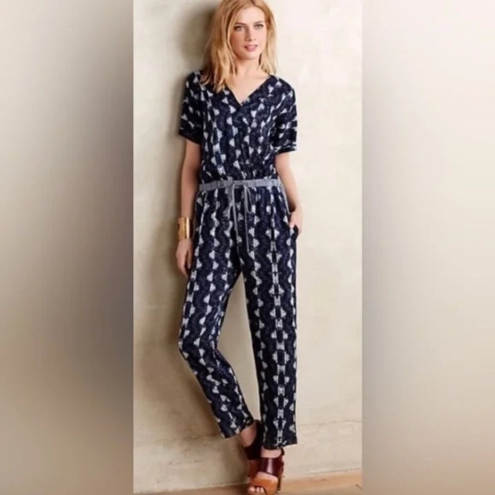 Velvet by Graham & Spencer Narvan Ikat Jumpsuit XS Short Sleeve Navy Blue White